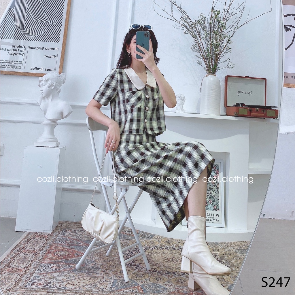 Set Áo Vest Cổ Bèo Chân Váy Dài Kẻ Caro Phong Cách Hàn Quốc Thanh Lịch S247