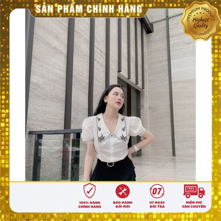 Áo Sơ Mi Nữ Ngắn tay Cổ Chữ V Thêu Họa Tiết Xinh Xắn Phong Cách Gloria Shop