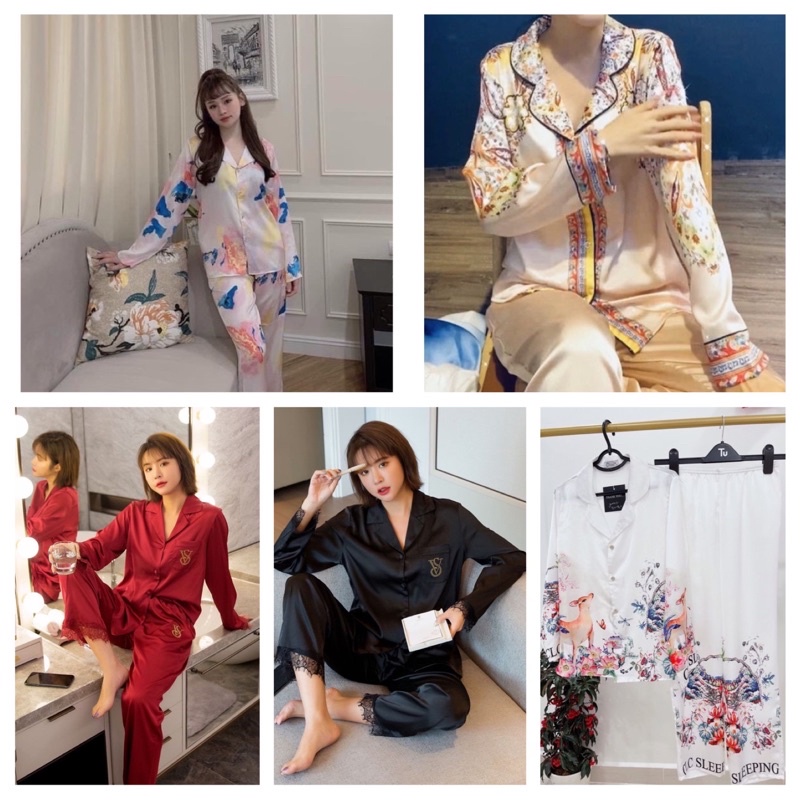 Bộ ngủ Pizama tay dài, bộ ngủ mặc nhà họa tiết chất satin