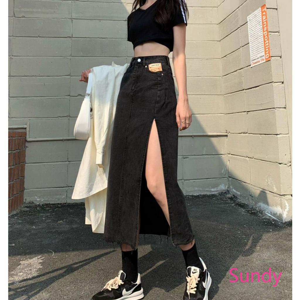 Chân váy jean chữ A lưng cao xẻ tà thời trang mùa hè dành cho nữ
