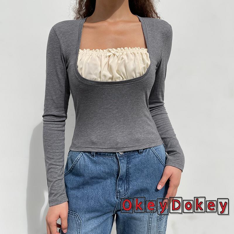 Áo Kiểu Dài Tay Cổ Vuông Giả 2 Mảnh Thời Trang Cho Nữ Okdk-Y2K