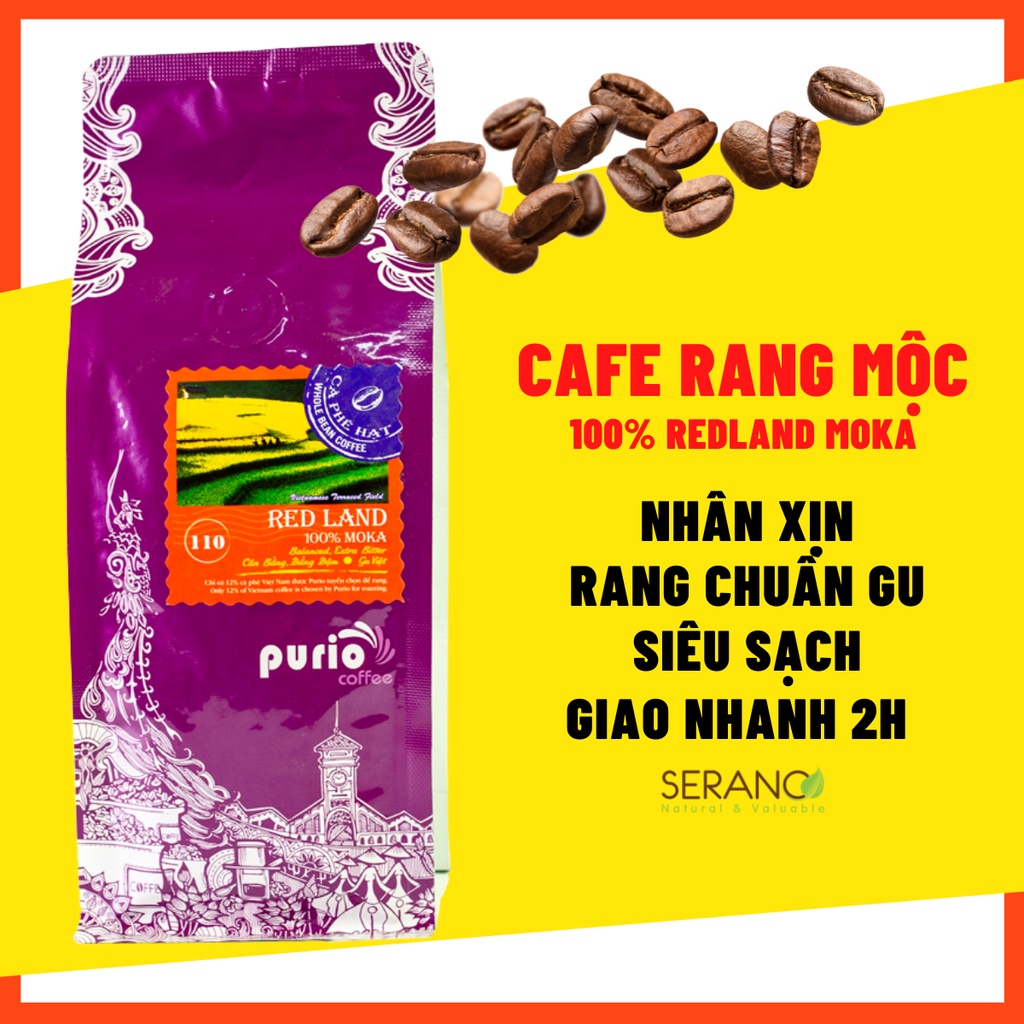 Cà phê Moka rang xay nguyên chất sạch Purio Red Land Moka đắng vừa 250g, 100% cafe hạt rang xay mộc Moka, pha máy/ phin