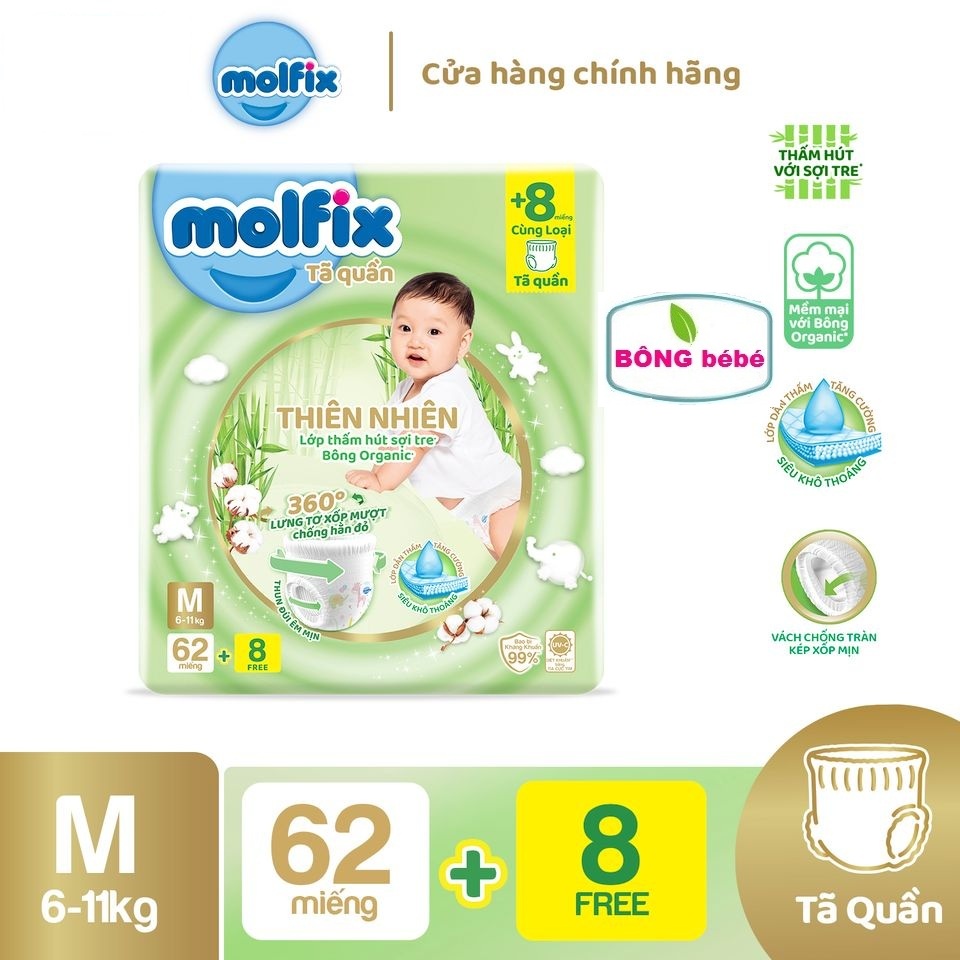 Tã quần Molfix thiên nhiên an toàn bông tự nhiên - Super Jumbo M (6kg - 11kg) - Gói 62+8 miếng