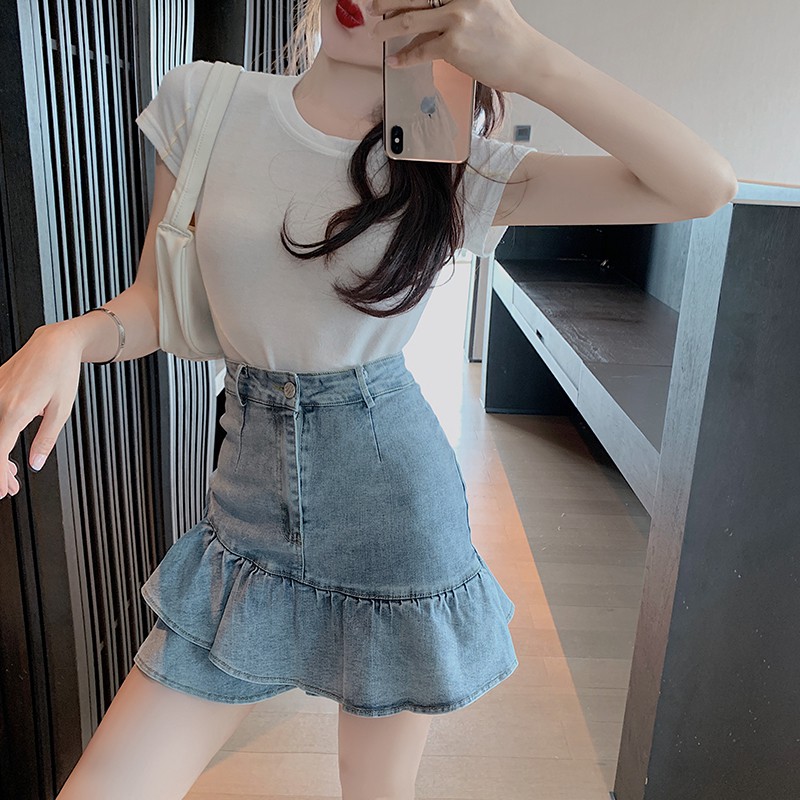 Hàng order - Chân váy jean ngắn（có lót trong) viền đuôi cá xinh hàng Quảng Châu