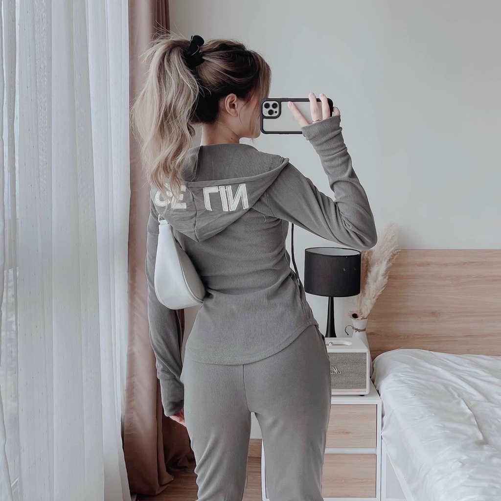 [10.10 Sales Freeship] Set bộ thun gân nữ, set bộ áo dài tay khóa kéo có nón, quần ôm dài ống túm đi chơi trẻ trung dx