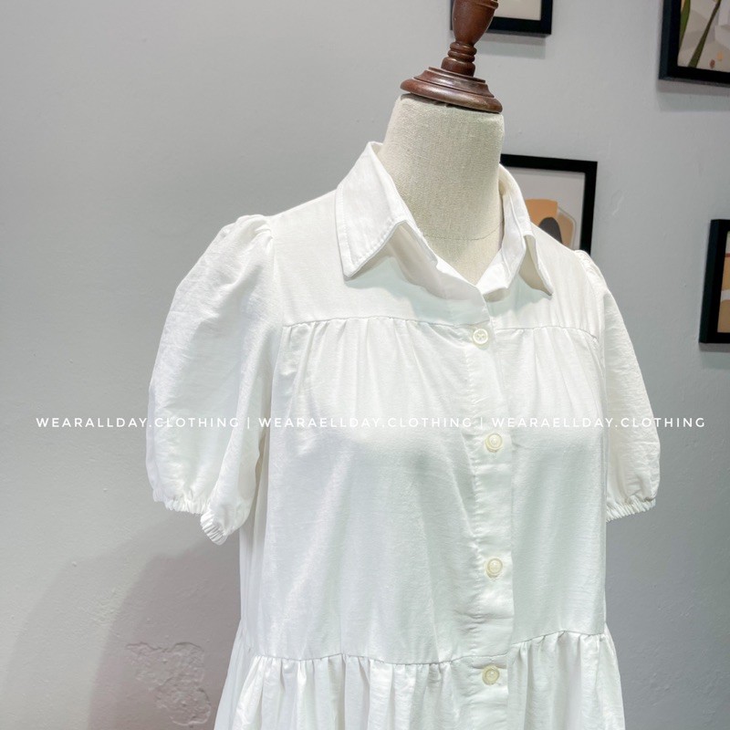 Váy Sơ Mi Babydoll Trắng Dáng Xoè, Mẫu đầm Sơ mi dáng xoè tầng 2 màu trắng nâu hàng thiết kế form đẹp | BigBuy360 - bigbuy360.vn