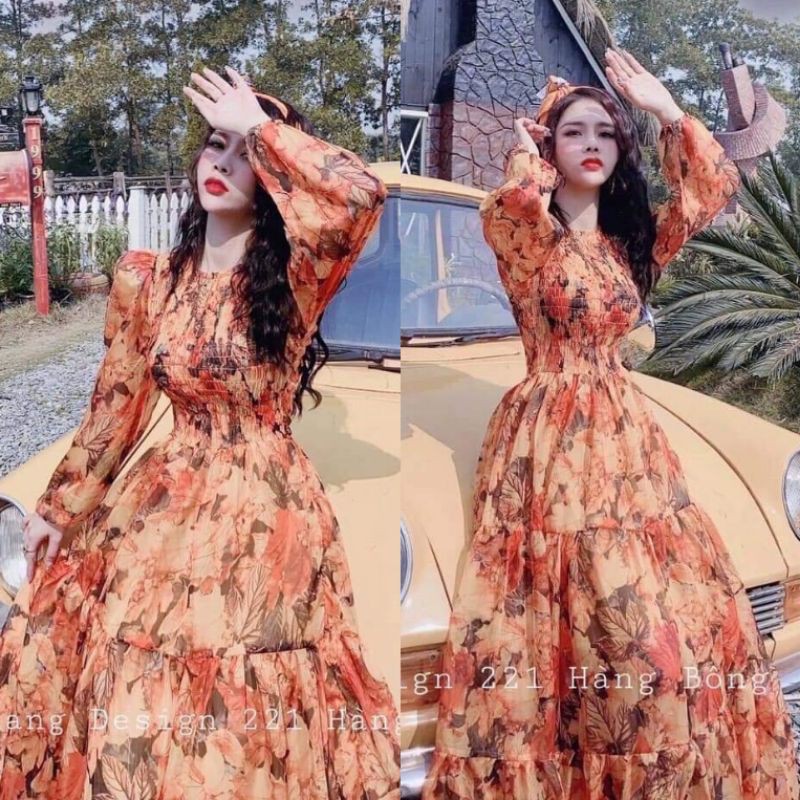 Đầm Maxi Hoa Xòe (SIZE S-M-L) tay dài bo phồng ngực nhúng HÀNG THIẾT KẾ | BigBuy360 - bigbuy360.vn