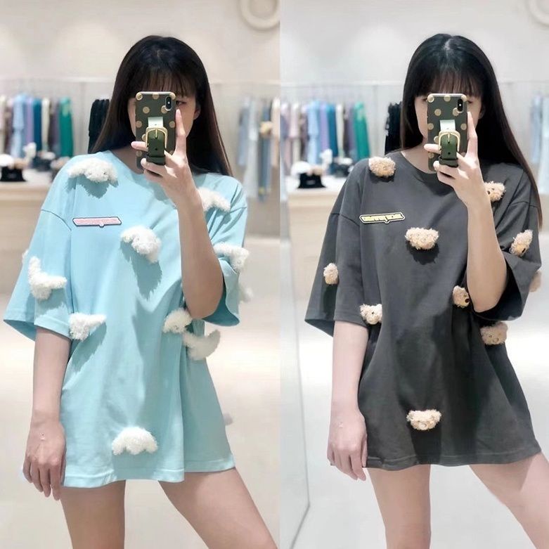 Áo Thun 100% Cotton Nguyên Chất Dáng Rộng In Hình Gấu Thỏ Màu Dạ Quang Phong Cách Pháp Cho Cặp Đôi