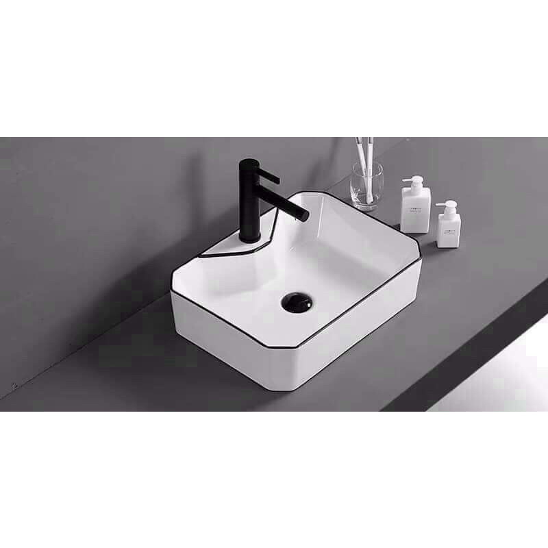 Lavabo rửa mặt trắng viền đen, men nano cao cấp, chậu Lavabo  đặt bàn nghệ thuật tối giản , sang trọng , hiện đại.