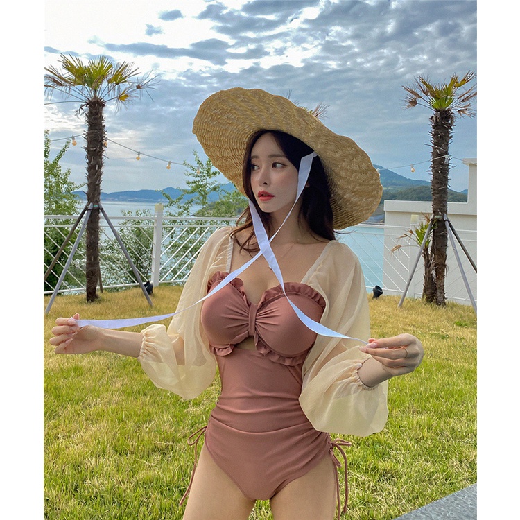 [BIKINI CAO CẤP] Bikini Đồ bơi liền mảnh công chúa tay bồng ren ánh kim màu hồng đất baby, đồ bơi đi biển sang chảnh