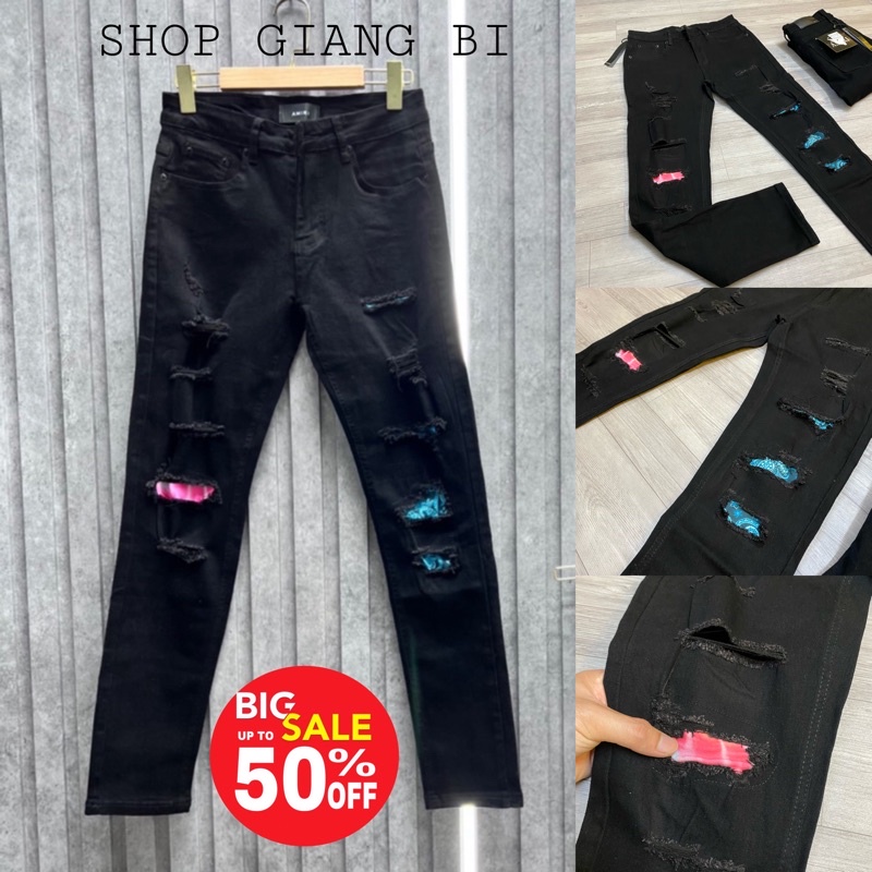 Quần jean nam vá gối xanh đỏ khâu viền,Quần bò vá nhăn amiri xanh đỏ rách gối