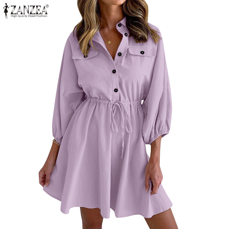 Đầm ZANZEA dáng chữ A tay phồng thời trang Châu Âu dành cho nữ