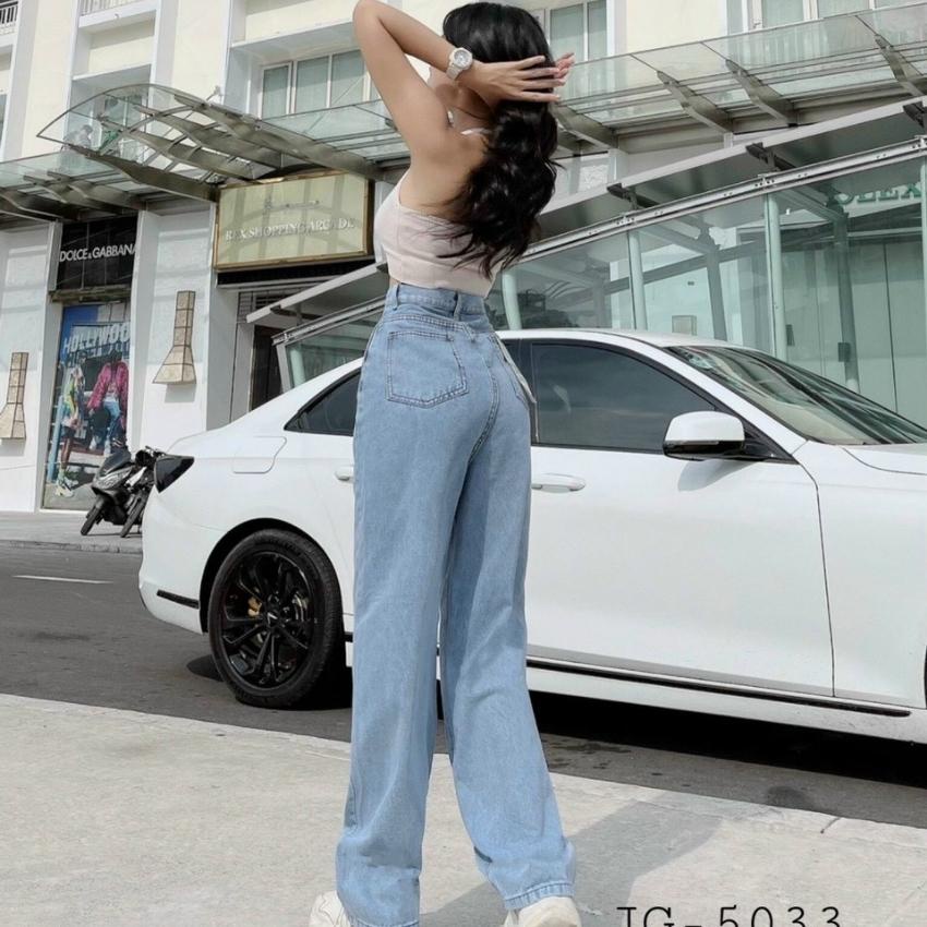 Quần bò ống rộng JEAANY JEAN cạp cao không co giãn quần jean baggy nữ màu xanh nhạt 5033
