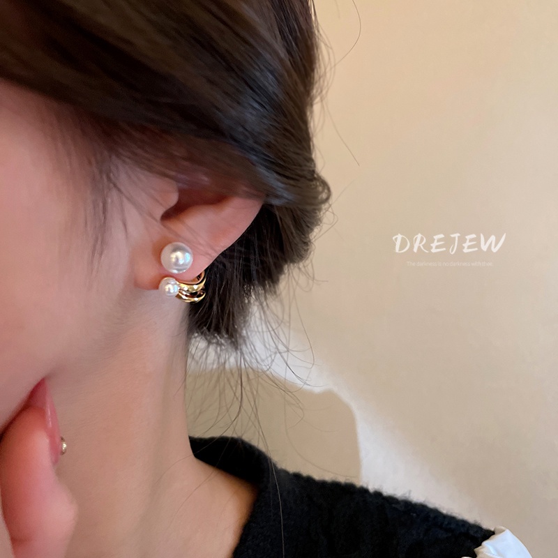 DREJEW Khuyên tai bạc 925 hình chữ C đính ngọc trai phong cách Hàn Quốc đơn giản thời trang