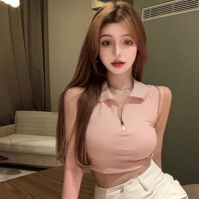 Áo Croptop Dệt Kim Sát Nách Phối Khóa Kéo Trước Thời Trang Mùa Hè Cho Nữ