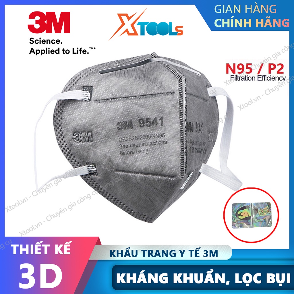 Khẩu trang N95 3M 9541 - Khẩu trang hoạt tính 3D 5 lớp, chống bụi mịn, phòng dịch, tiêu chuẩn KN95, ngừa vi khuẩn, bụi