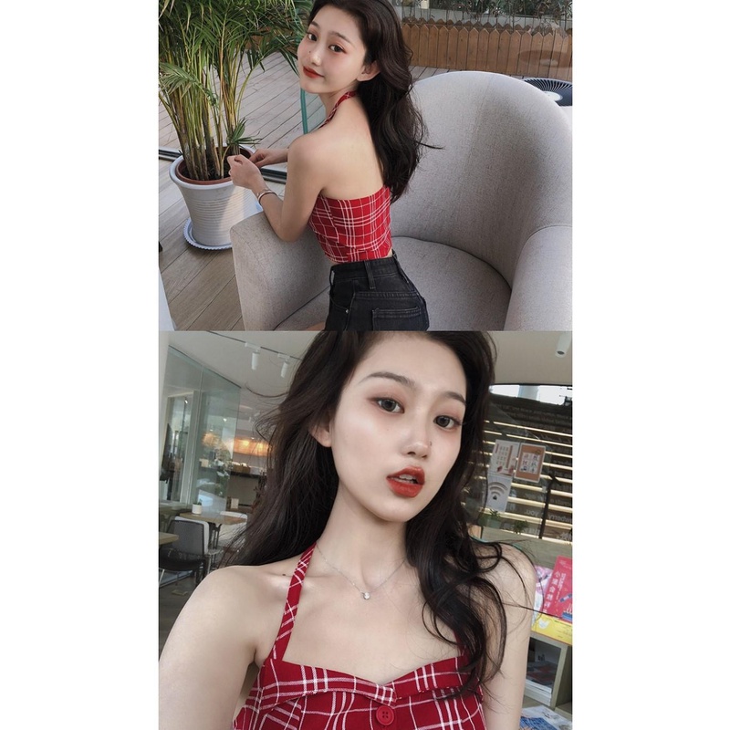 Áo Hai Dây Họa Tiết Kẻ Sọc Ngọt Ngào Thời Trang Mùa Hè Cho Nữ