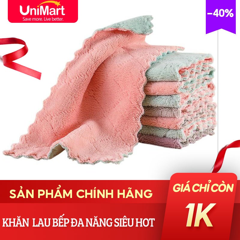 Khăn lau đa năng bếp, bát đĩa, cốc chén thấm nước chống dính dầu mỡ hai mặt loại to 15x26cm- UniMart