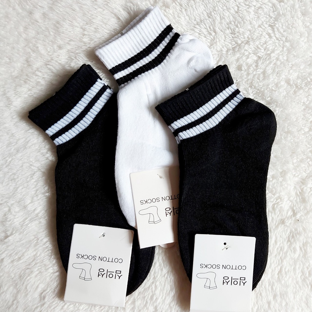 Tất Vớ cổ ngắn, sọc đen trắng vải cotton thấm hút mồ hôi, co giãn 4 chiều