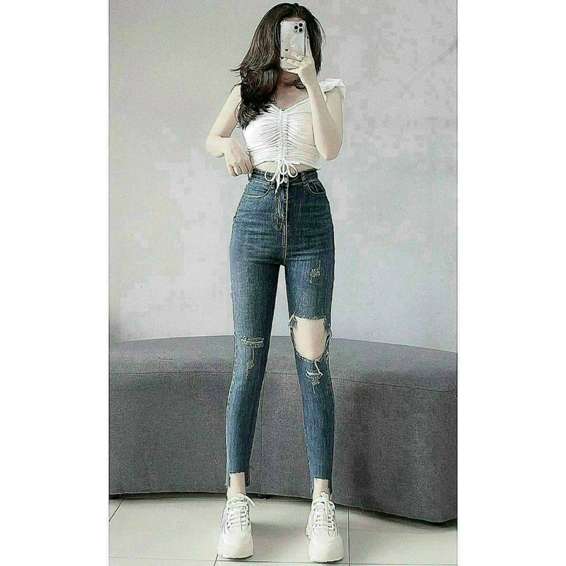 QUẦN JEAN DÀI RÁCH GỐI 1 BÊN SIÊU CAO