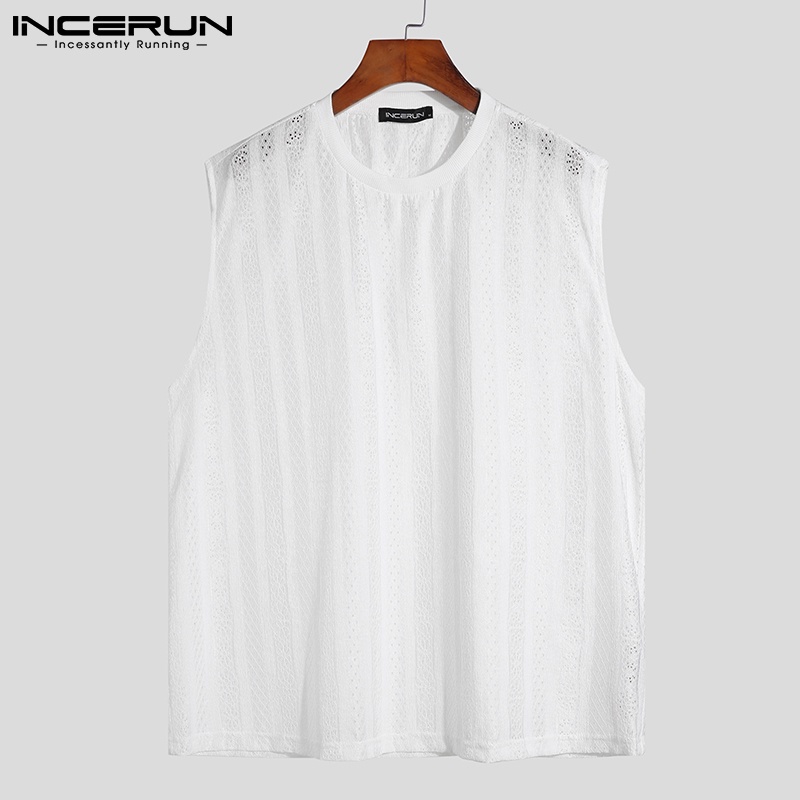 Áo ba lỗ nam INCERUN dáng rộng cổ tròn không tay ren xuyên thấu thời trang