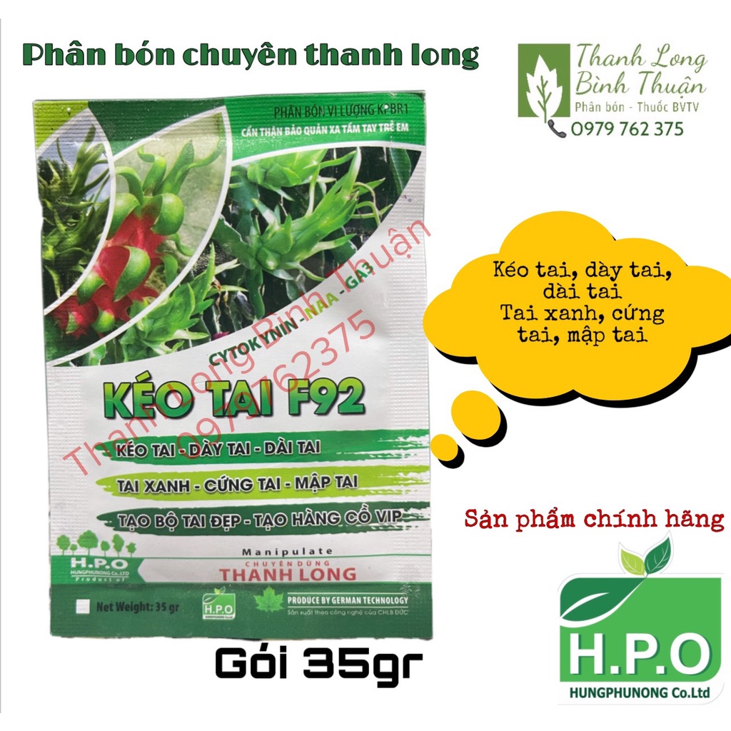 Phân Bón Chuyên Thanh Long - Kéo Tai F92 - Dày Tai - Dài Tai - Tạo Bộ Tai Đẹp - Gói 35g