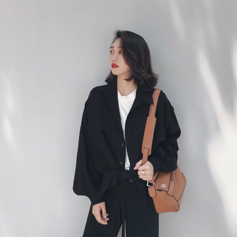 Sơ mi lụa basic màu đen 2 túi ngực A078