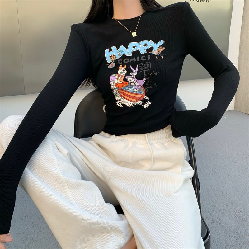 Jiashucheng Áo Thun Ngắn Mỏng Dáng Ôm In Họa Tiết Phong Cách Phương Tây Thời Trang Thu Đông Dễ Phối Đồ Dành Cho Bạn Nữ @ -