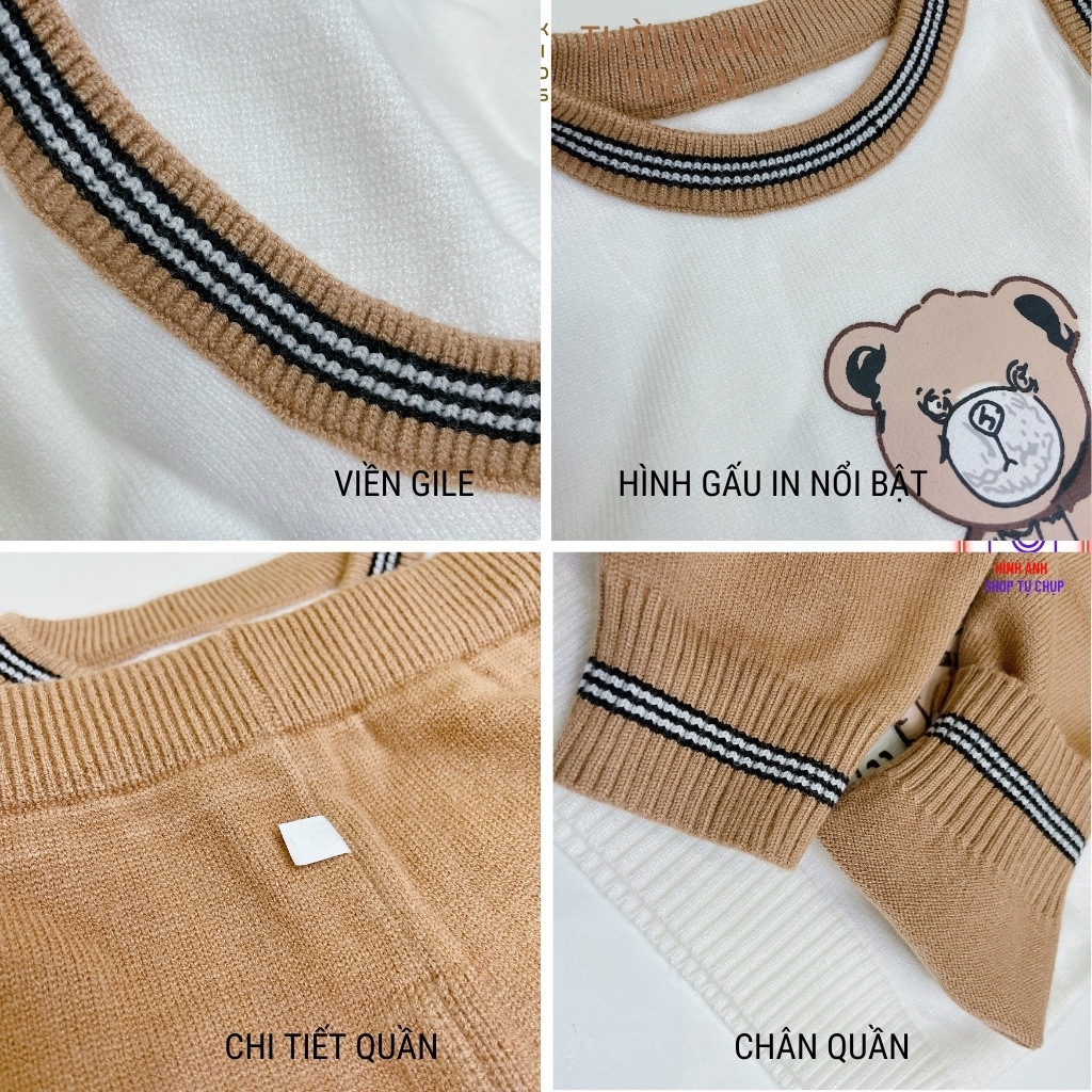 Bộ len gấu cho bé HK KIDS, chất len cao cấp mềm mịn, kiểu gile họa tiết gấu xinh xắn cho bé trai từ 0-3 tuổi