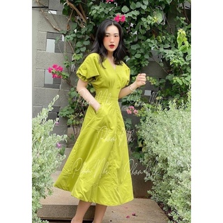 Váy xanh cốm chiết ly eo