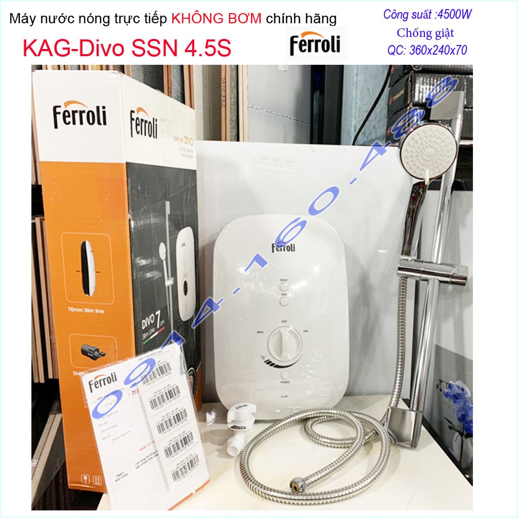 Máy nước nóng trực tiếp Ferroli không bơm SSN 4500W, Best sales Bình nước nóng trực tiếp chống giật hiệu suất tốt