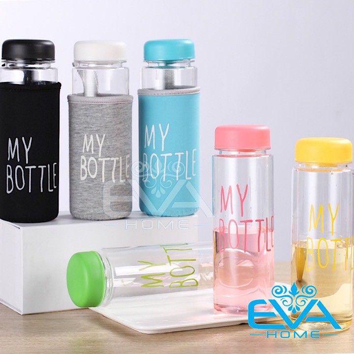 Bình Nước Thủy Tinh In Chữ My Bottle Kèm Vỏ Bọc Vải Neoprene Nhiều Màu 500ml