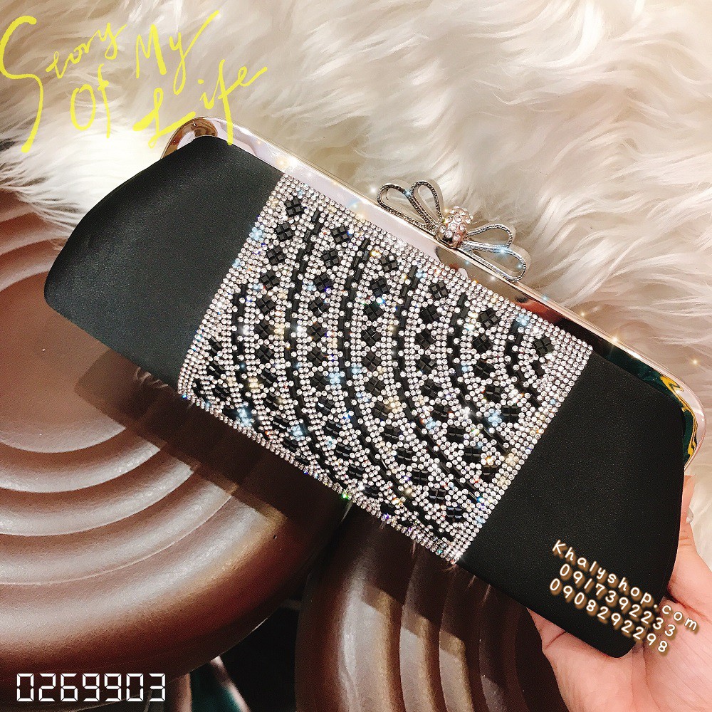 Bóp đầm clutch dạ hội dự tiệc sang trọng đeo chéo xách tay màu đen kiểu khóa nơ đính nhiều hột lấp lánh siêu xinh