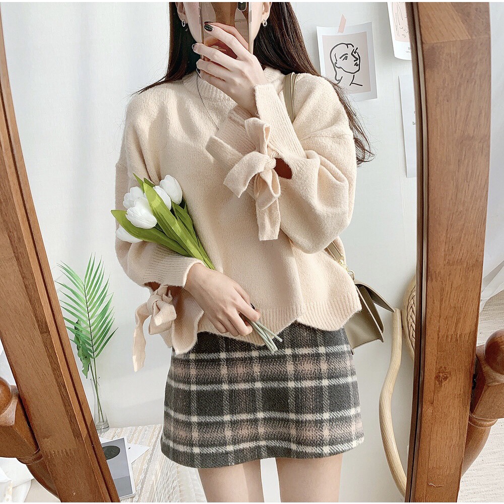 {HCM / CÓ SẴN} SET ÁO LEN VÀ CHÂN VÁY CARO PHONG CÁCH HÀN QUỐC SIZE M
