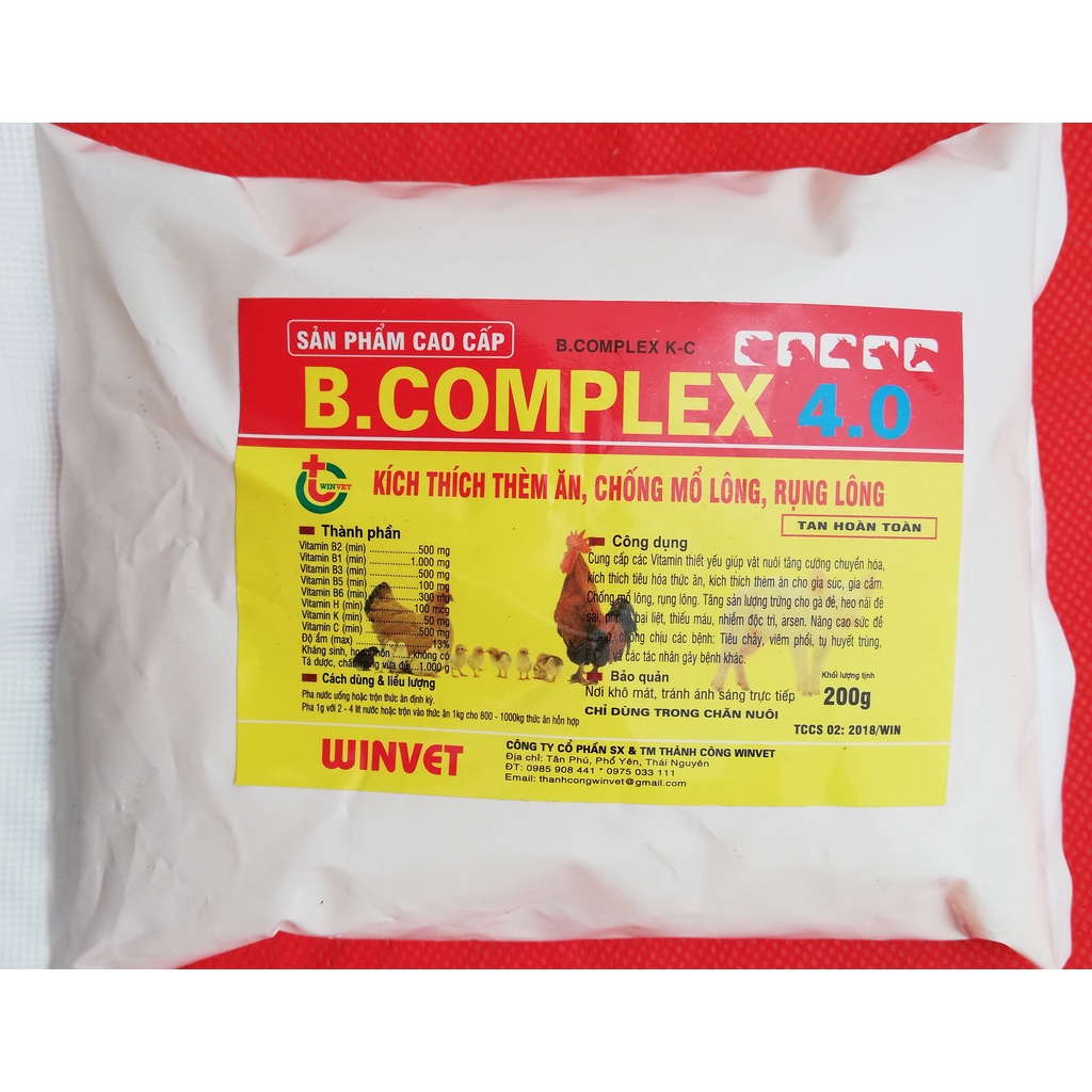 1 gói B.COMPLEX 4.0   200g Kích thích thèm ăn cho gia súc, gia cầm, chó, mèo, chim cảnh