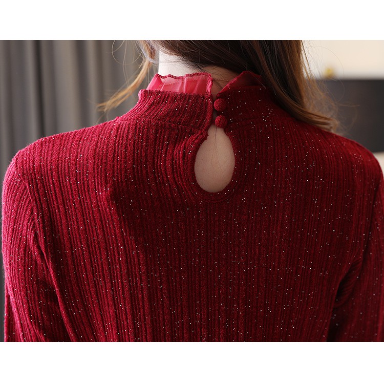 Korean Elegant Stand Collar Office Blouse Women Autumn Long Sleeve Slim Fit Top Black Winered | BigBuy360 - bigbuy360.vn