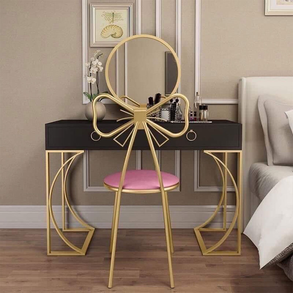 Bộ bàn trang điểm phòng ngủ 2 ngăn kéo IBIE Sofia ghế Rosalba có gương tròn, mặt gỗ MDF sơn PU, chân sắt sơn tĩnh điện
