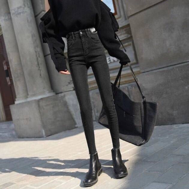 Quần skinny jean màu đen lưng cao co giãn thời trang xuân hè cho nữ