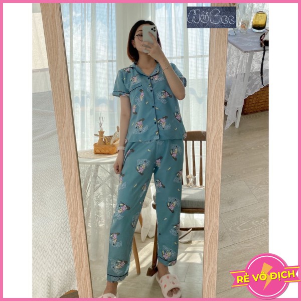 [FREESIZE] Đồ Bộ Quần Áo Ngủ Nữ Mặc Nhà Cộc Tay Pijama HUGEE Chất Vải Kate Thái Loại 1 Màu Xanh Ngọc Hình Pikachu A0483