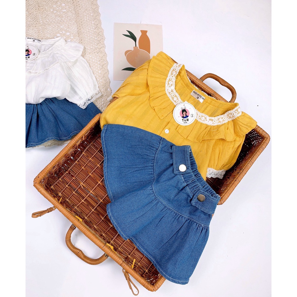 Bộ bé gái, Set đồ đi chơi bé gái, Áo đũi phối ren + chân váy bò cực xinh từ