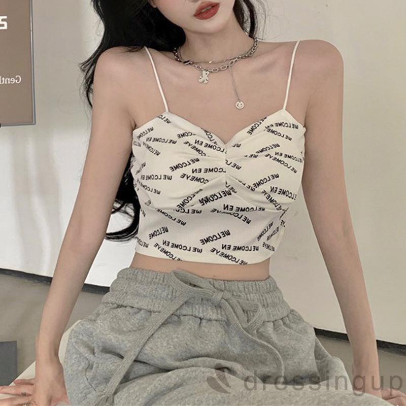 Áo croptop 2 dây cổ chữ V in họa tiết chữ quyến rũ cho nữ