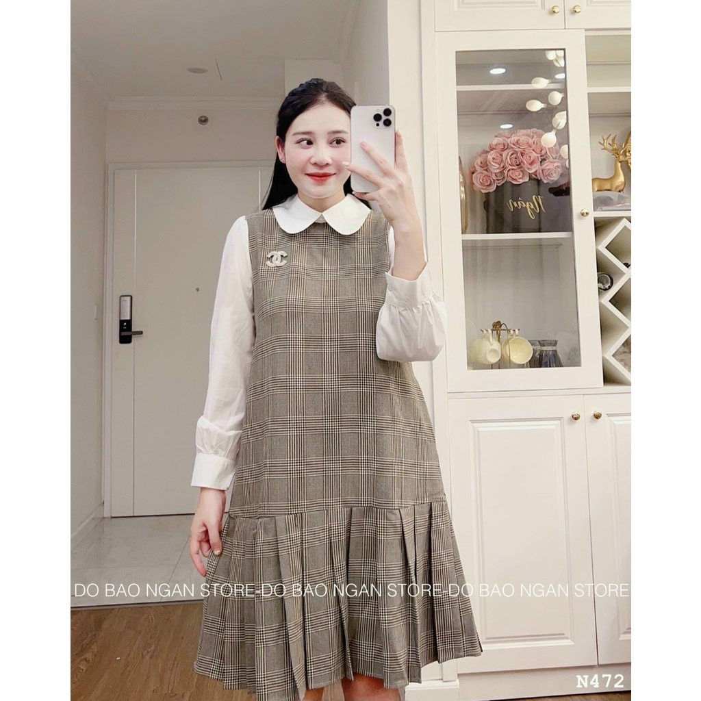 Váy Bầu Đầm Bầu Thu Đông Thiết Kế Kẻ Dài Tay, Cổ Sơ Mi, Dáng Suông Xòe Đuôi Xếp Li Dễ Thương A117 Lin Store66