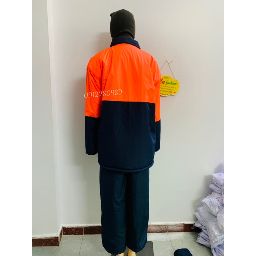 Quần áo bảo hộ trong kho đông lạnh -30 độ có lót lông ấm áp màu xanh đen phối cam neon _ Hình chụp thật
