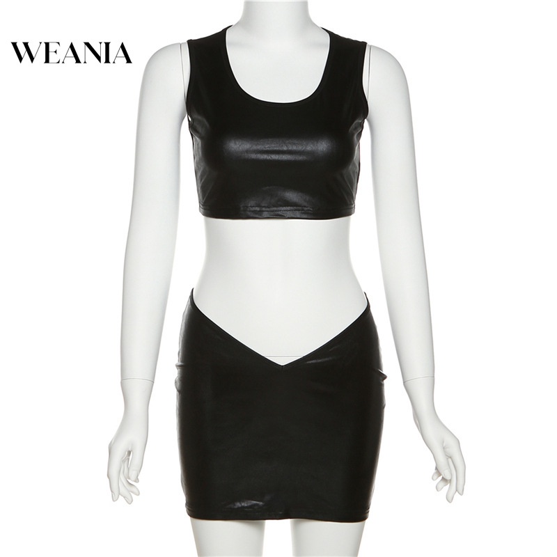 Set Áo Tank Top Cổ Chữ U + Chân Váy Da PU Lưng Thấp Phong Cách Quyến Rũ
