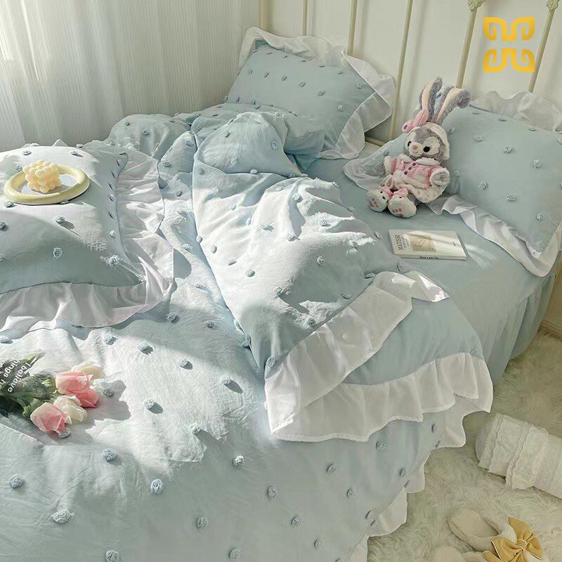 Bộ Chăn Ga Gối Đũi Viền Bèo Đính Hoa Bi Nổi Siêu Xinh , Bộ Cotton Dúm Mềm Mịn Nhập Khẩu Mẫu Mới 2022