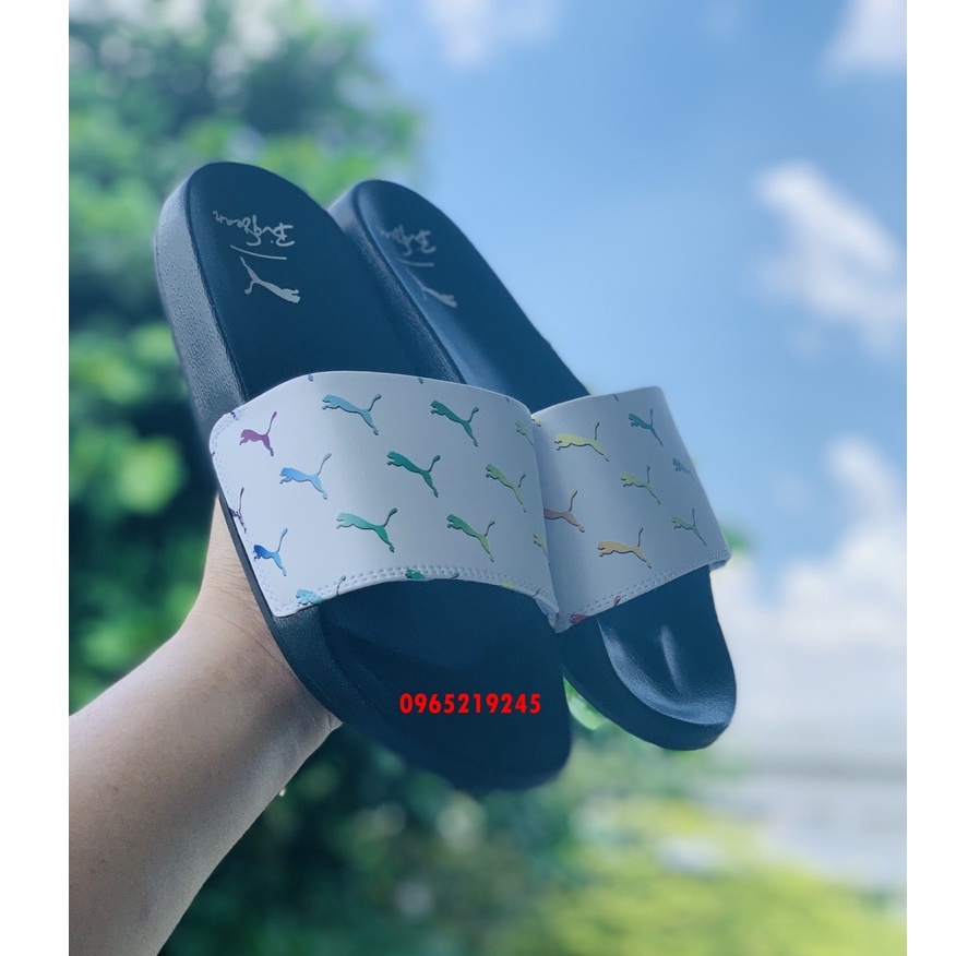 Dép unisex 𝐌𝐋𝐁 𝐏𝐔𝐌𝐀 FREESHIP + Hộp dép mlb bóng chày quai ngang thể thao nữ in PUMA đen quai trắng