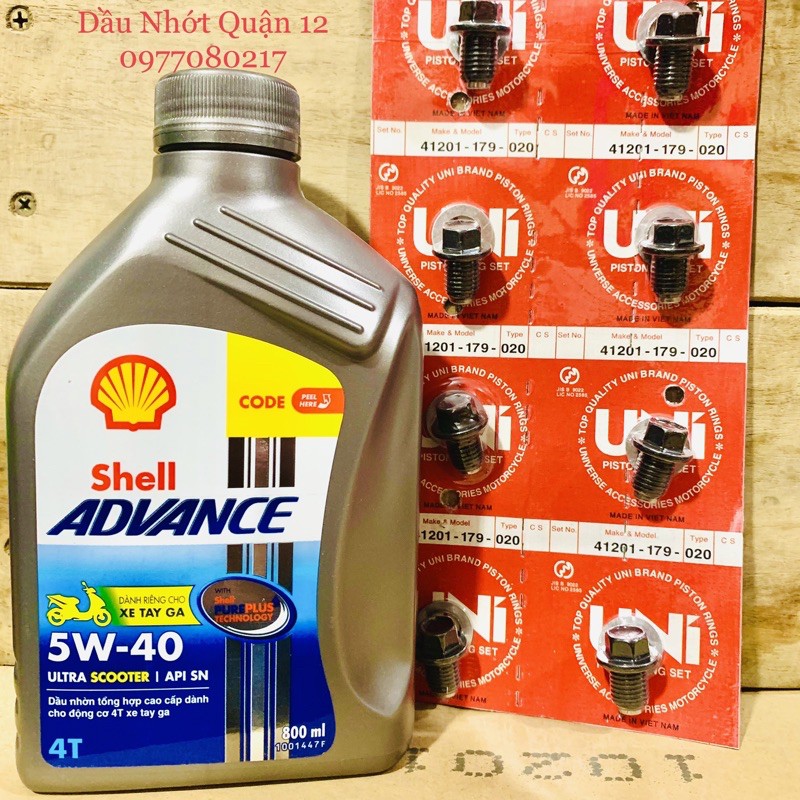 Nhớt Xe Tay Ga Shell Advance Ultra Scooter 5W-40 800ML Tặng Ốc Nhớt Nam Châm Mũ 12 Cho Xe Tay Ga Hãng Honda