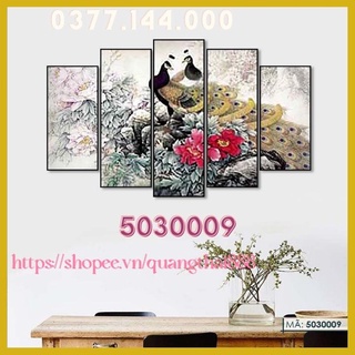 Bộ 5 Tấm Tranh treo tường Canvas tráng gương Phong Thủy Chim Công Khổng Tước Cách Điệu phòng khách trang trí nhà 5030009