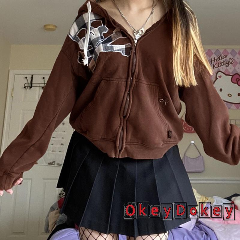 Áo Khoác Hoodie Có Khóa Kéo Họa Tiết Đầu Lâu Sọc Caro Phong Cách Gothic Cổ Điển OKDK-Y2K