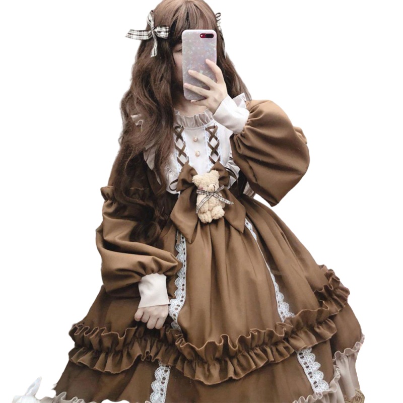 Brroa Đầm Lolita Công Chúa Tay Phồng Dài Phồng Cổ Đứng Phối Bèo Đính Nơ Gấu Bông Đáng Yêu Cho Nữ Hóa Trang